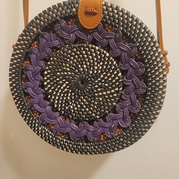 Hand Crafted Handbags - Round 8" Hand woven Rattan Wicker Straw Leather Crossbody Bag  Unique Shoulder